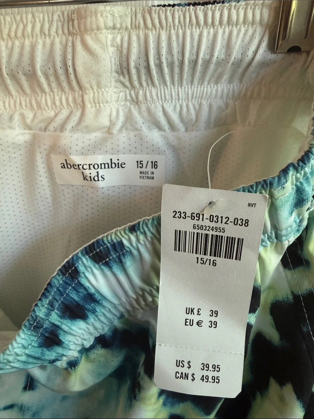abercrombie kids Tie-Dye Swim Trunks in Blue, Black & White